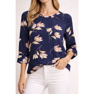 Daniel Rainn Floral Blouse Petite Medium Navy Blue 3/4 Sleeve Lightweight Top